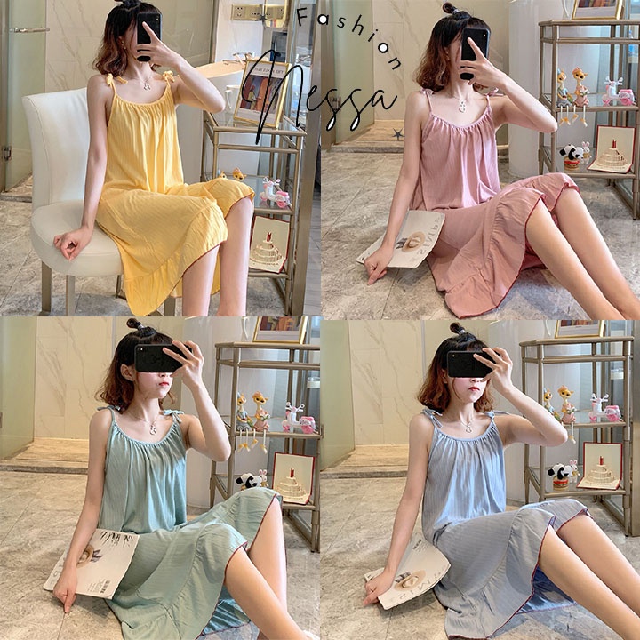 Pijama Váy Ngủ Nữ Hai Dây Mặc Ở Nhà Mùa Hè Vải Cotton Co Giãn 4 Chiều Bộ Đồ Cộc Tay Xuân Thu Đi Chơi Biển VN23