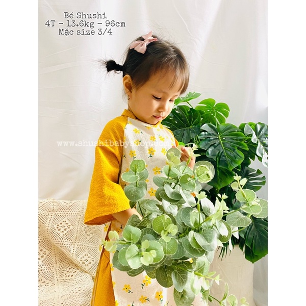 áo dài cách tân bé gái hoa nhí xốp nhăn hàng thiết kế xinh đẹp màu đỏ màu vàng bé mặc tết, du xuân, lễ hội 8-25kg