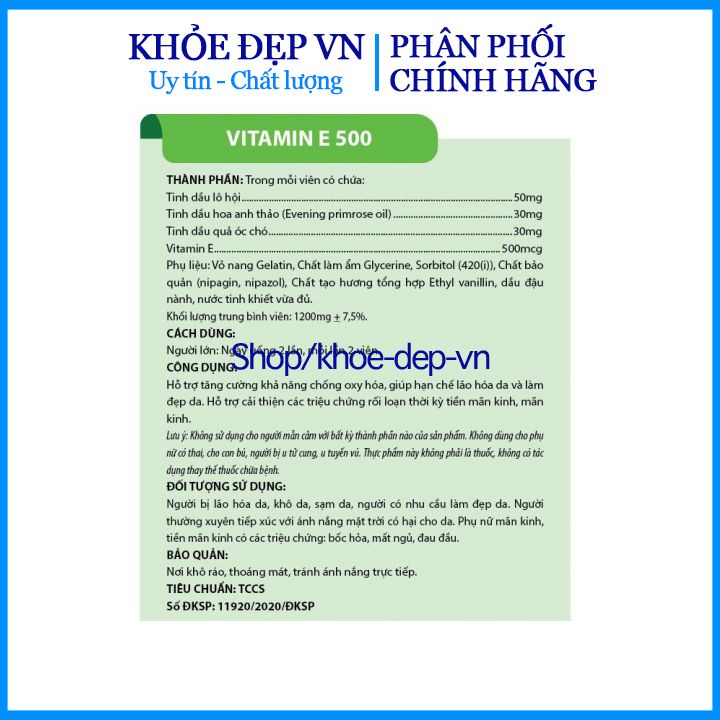Vitamin E 500 - Chống Oxy Hóa - Hạn Chế Lão Hóa. Làm Đẹp Da - Hộp 30 viên