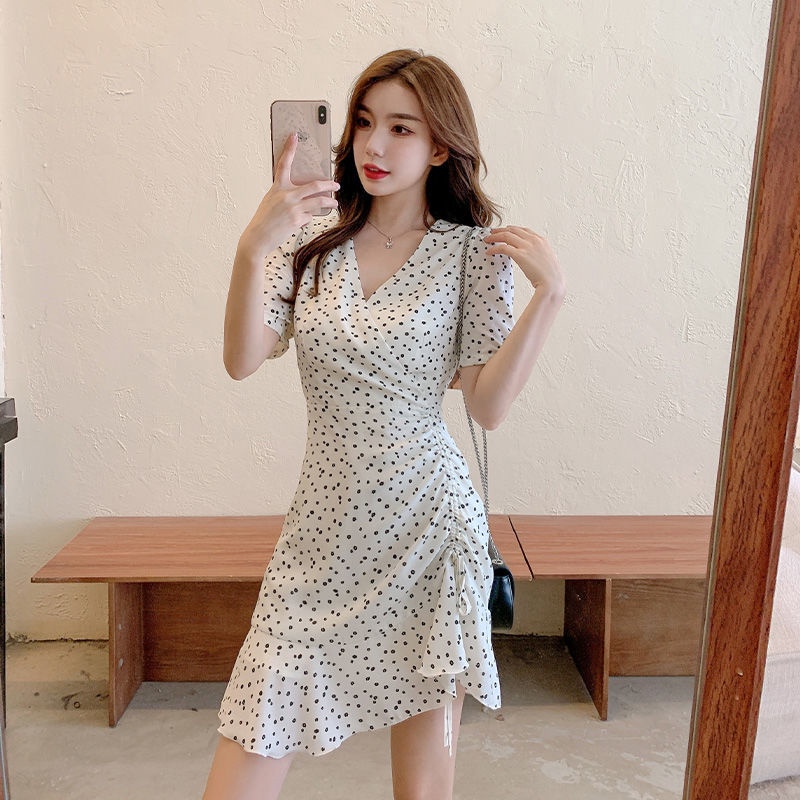 Váy Body Cổ V Đầm Tay Ngắn Họa Tiết Chấm Bi Thời Trang Sành Điệu Cho Nữ