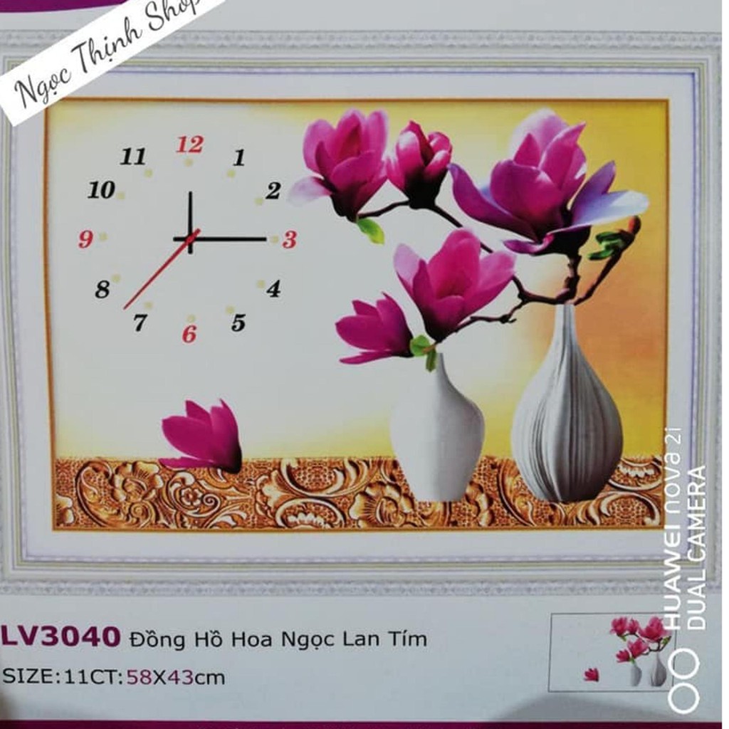 FreeShip từ 250K-Tranh thêu chữ thập ĐỒNG HỒ HOA NGỌC LAN TÍM-LV3040-KT: 58X43CM