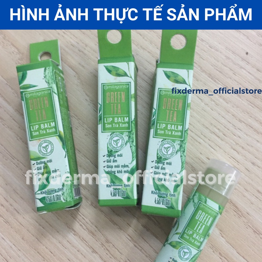 Son dưỡng tẩy tế bào chết dưỡng ẩm son dưỡng môi trà xanh Milaganics (Thỏi 4.5g) Fixderma Chính Hãng