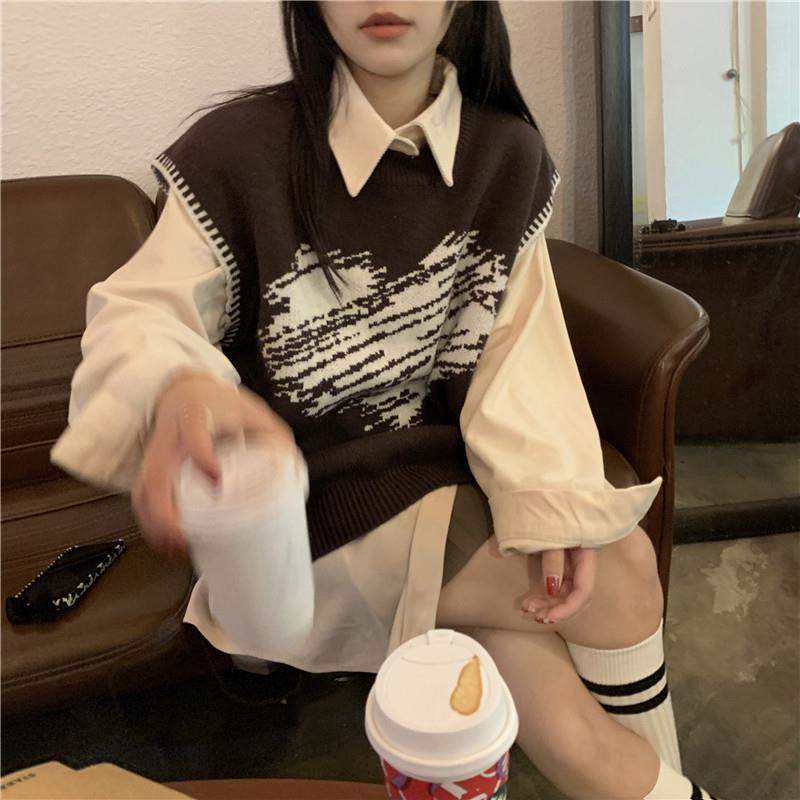 Set Áo Sơ Mi Dài Tay + Áo Len Không Tay Phong Cách Hàn Quốc Mới Dành Cho Nữ