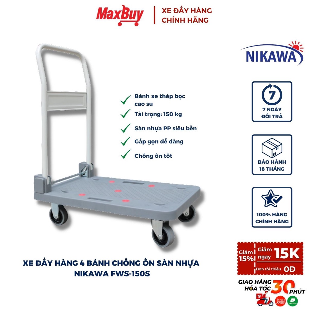 Xe đẩy hàng kéo hàng gấp gọn 4 bánh ÍT ỒN tải trọng 150kg Nikawa FWS-150S bảo hành chính hãng 12 tháng