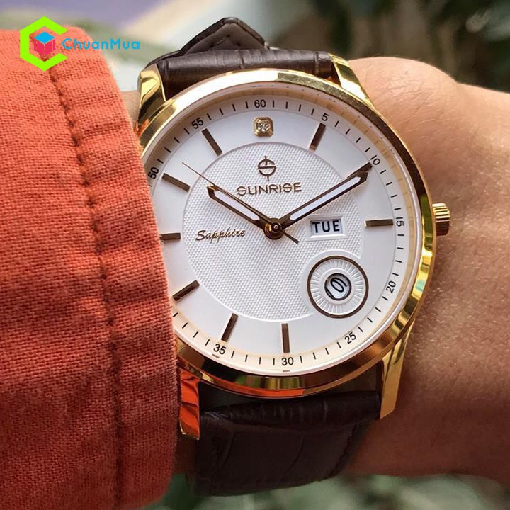 ĐỒNG HỒ DÂY DA NAM SUNRISE - KÍNH SAPPHIRE 2 lịch cười cực đẹp cực chất