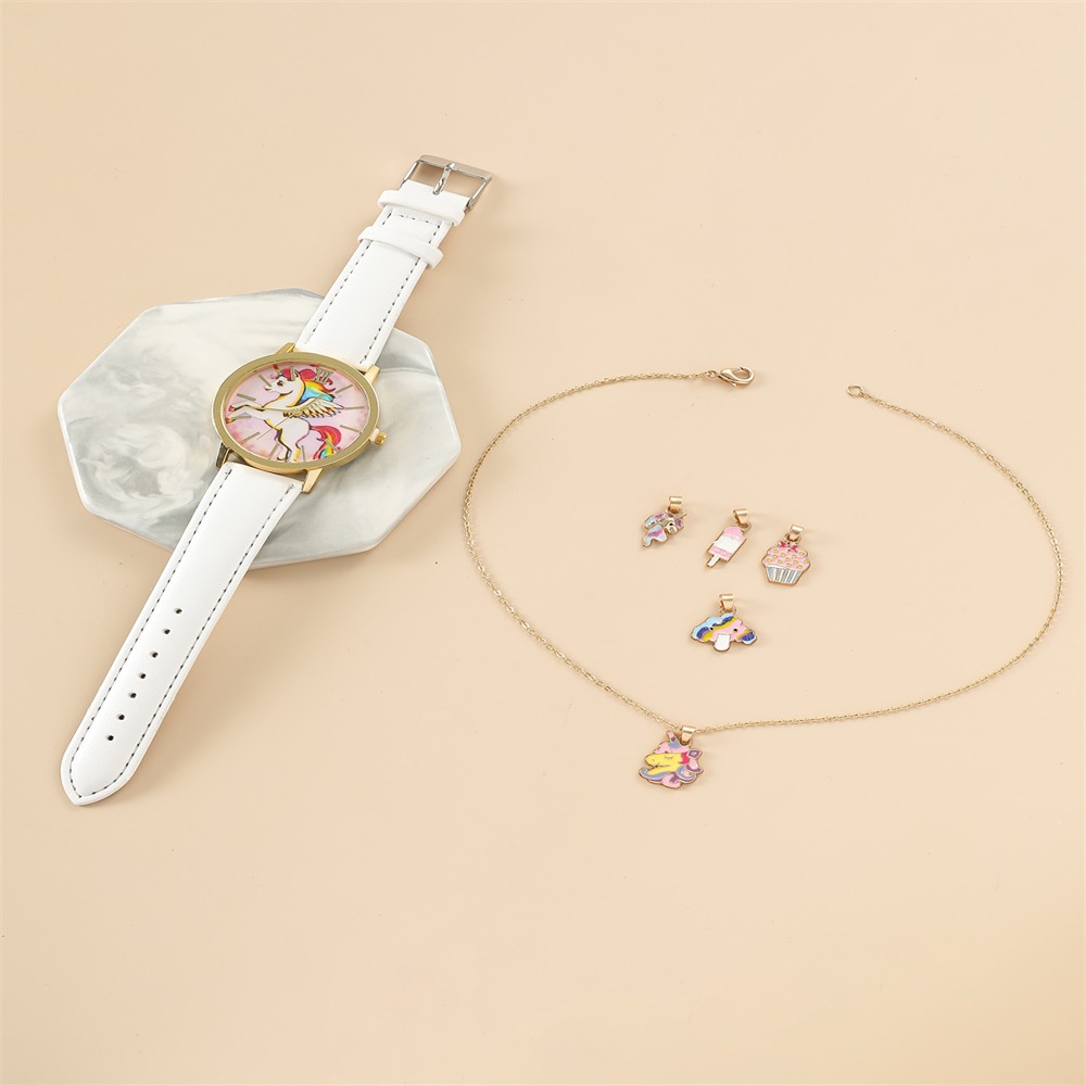 Đồng Hồ Đeo Tay Dây Da PU Hình Ngựa Pony Màu Cầu Vồng Dễ Thương Dành Cho Bé Gái