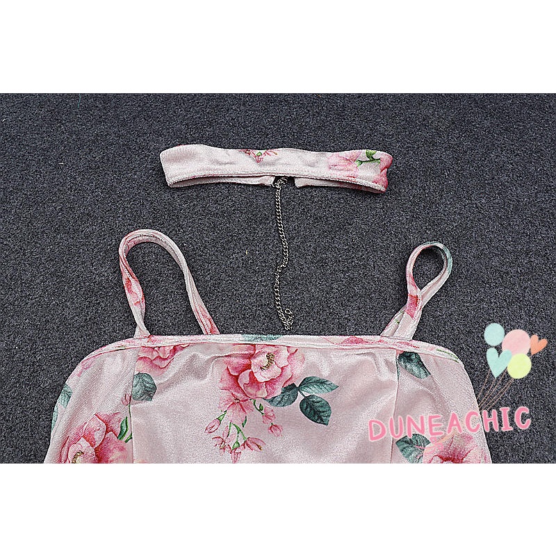 DUNEA Đầm Hai Dây Hở Lưng Họa Tiết Hoa Xinh Xắn Cho Nữ