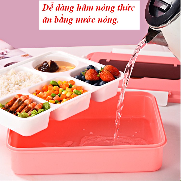 Hộp đựng cơm đa năng 5 ngăn + Tặng kèm khay đựng và đũa thìa INOX,Hộp cơm đa năng loại to tự làm nóng thức ăn bằng nước