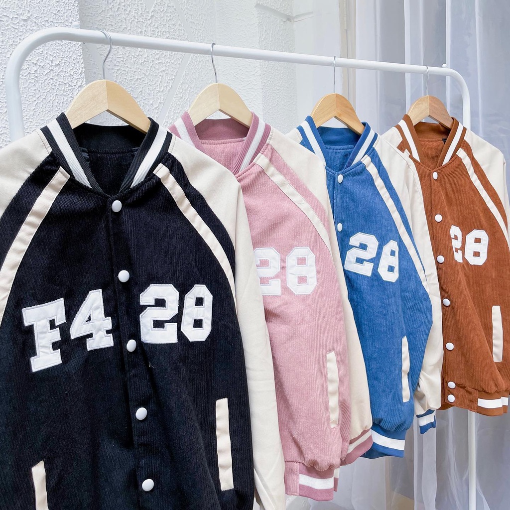 Áo Khoác Bomber F428 nhung gân 2 lớp màu ĐEN/XANH/NÂU/HỒNG✨chữ thêu tay phối 🧸 Jaystoree