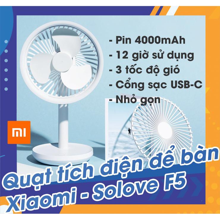 Quạt tích điện để bàn Xiaomi - Solove F5, chạy 12 tiếng, pin 4000mAh, công suất 5W, 3 tốc độ, có tuốc năng quay- Trắng