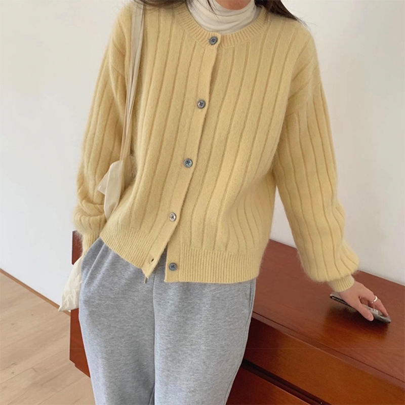 Áo khoác cardigan dệt kim cổ tròn tay phồng dáng rộng họa tiết kẻ sọc thoải mái dành cho nữ