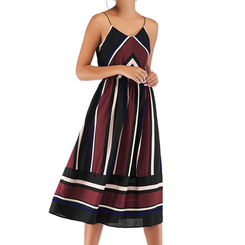 Xiangbao Đầm Midi Dài Không Tay Kẻ Sọc Màu Tương Phản Cổ Điển Mùa Hè Cho Nữ