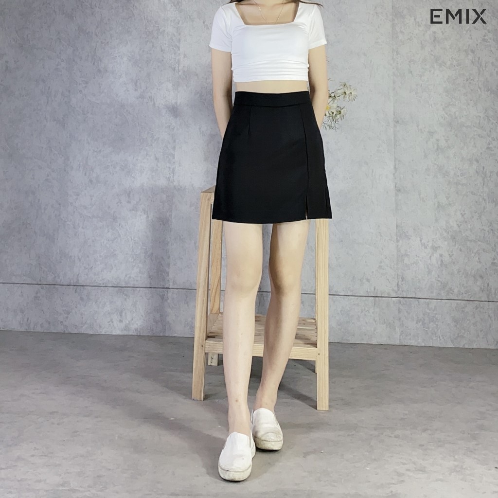 Set mix 2 món đồ : áo croptop cổ vuông và chân váy chữ A xẻ bên EMIX, basic, ôm dáng, chất thun, tuyết mưa, loại đẹp