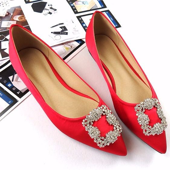 Giày Búp Bê Mũi Nhọn Bằng Satin Đính Đá Size 33-44 Thời Trang Cho Nữ Dự Tiệc Cưới