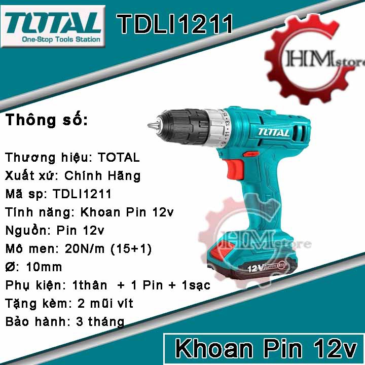 [Chính hãng] Máy Khoan dùng pin Li-ion 12V TOTAL TDLI1211 - Máy khoan pin cầm tay 12v