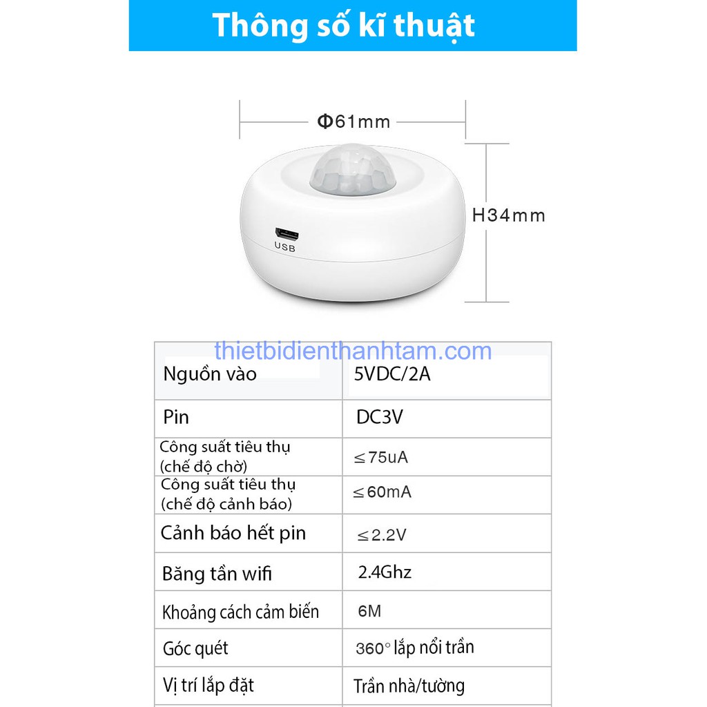 [ TT-PIR1 ] Cảm Biến Báo Động Hồng Ngoại  Lắp Trần Wifi  app Tuya