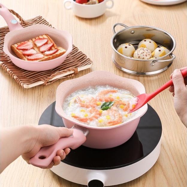 (SIÊU RẺ) Bộ nồi chảo đá nấu ăn dặm cho bé ☘Freeship☘men đá chống dính kèm chảo và xửng hấp inox cho bé