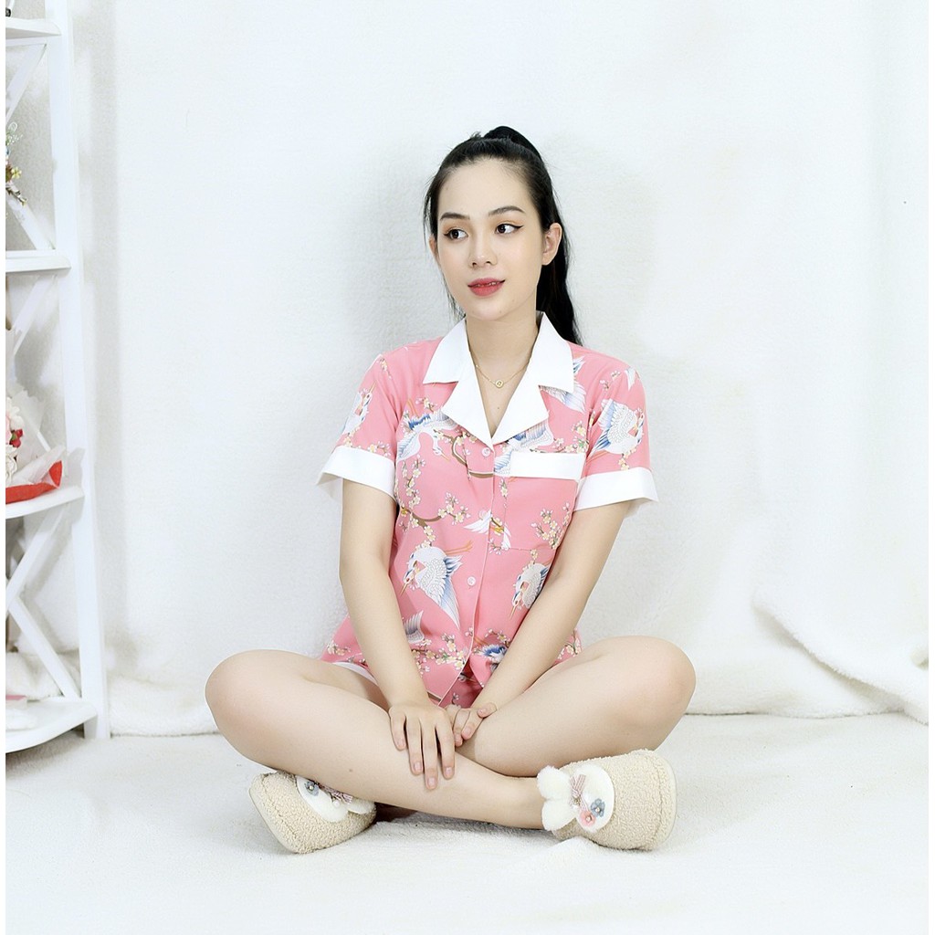 [HÌNH THẬT] Bộ đồ Pijama ngắn mặc nhà CON CÒ HỒNG ĐẬM PHA CỔ TRẮNG - Vải Siêu Lụa Cao Cấp - Mềm Mại Êm Ái