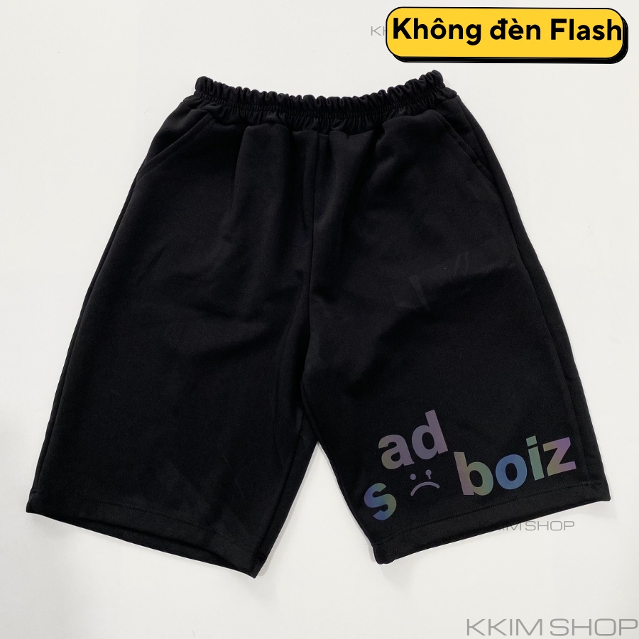 QUẦN Short Sadboiz  Nam Nữ, Quần đùi  form rộng unisex, lửng cộc ngắn đen chất vải Poly 2 DA, in phản quang đa sắc