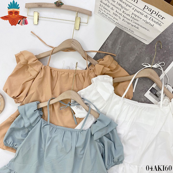 Áo ngắn kiểu babydoll cột nơ vai tầng trắng, nude, xanh mint THOCA HOUSE nữ tính, dịu dàng xinh xắn