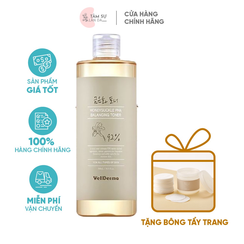 Nước Hoa Hồng Se Khít Lỗ Chân Lông &amp; Loại Bỏ Mụn Đầu Đen Toner Wellderma Honeysuckle Pha Balancing Hàn Quốc 500ml