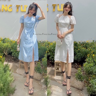 Đầm midi cổ yếm tay bồng xẻ tà