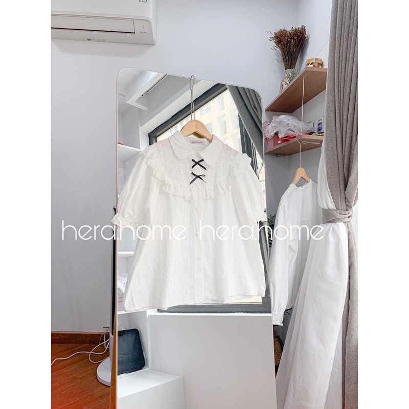 Sơmi babydoll cổ nơ nhỏ kèm hình thật