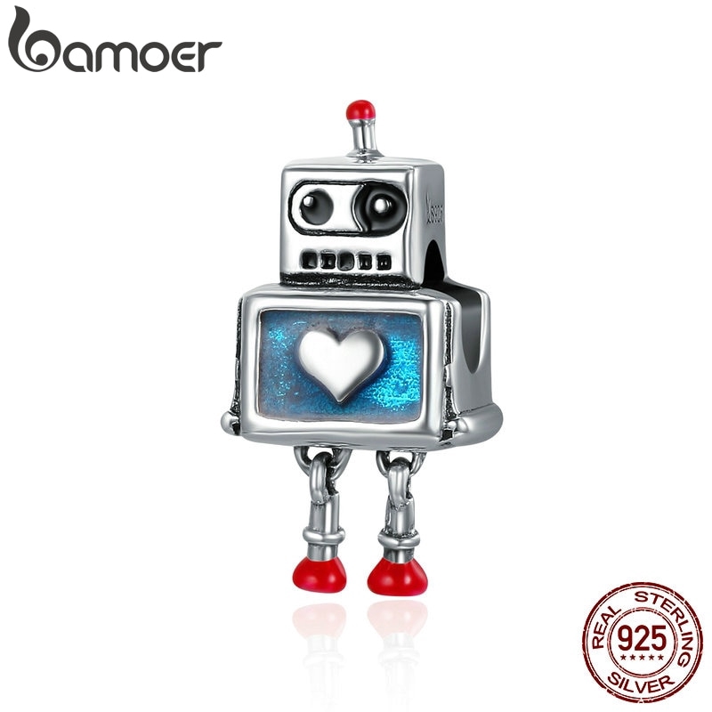 Hạt cườm Bamoer SCC346 bằng bạc 925 hình robot trái tim xinh xắn làm trang sức cho nữ