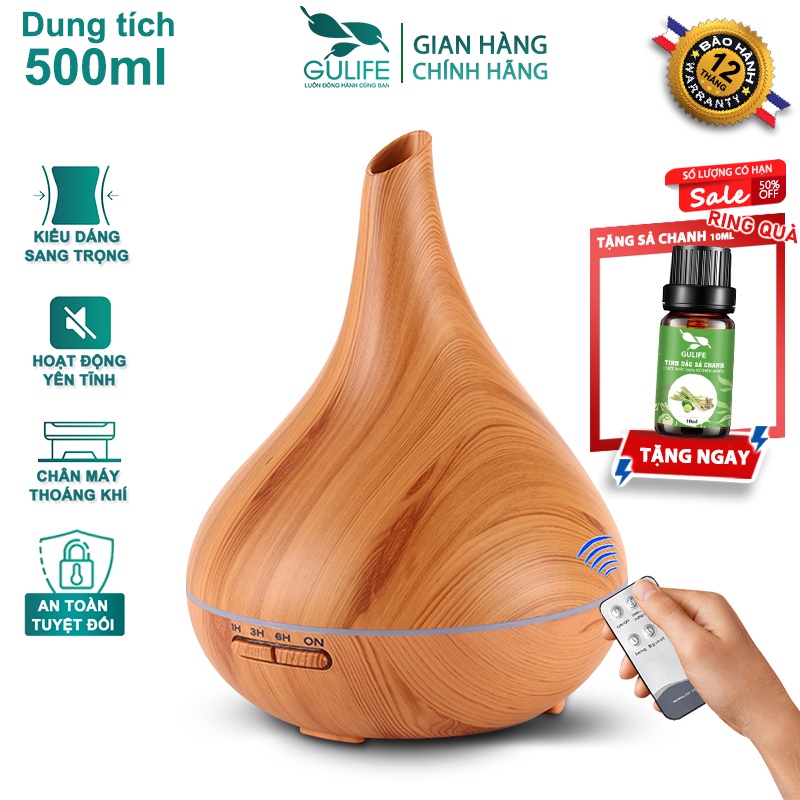 Máy Xông Tinh Dầu Quả Bầu 550ml GULIFE - MKTGL86, Kèm Quà Tặng + Remote, Cân Bằng Độ Ẩm &amp; Làm Thơm Phòng  – BH 12 Tháng