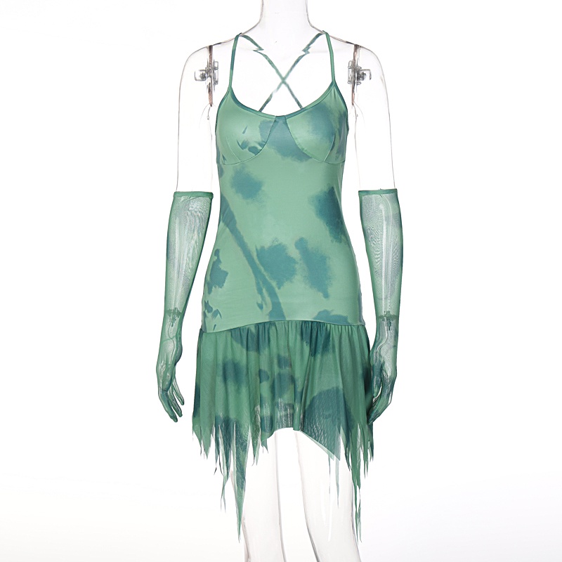 GIVEME-Women´s Sleeveless Dress Halterneck Summer Pleated Mini Dress with Mesh Long Sleeves