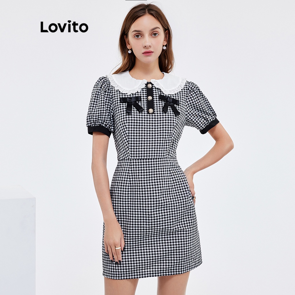 Đầm Lovito nơ cổ xẻ kẻ sọc xếp nếp phong cách đi học L25AD169 (màu đen trắng)