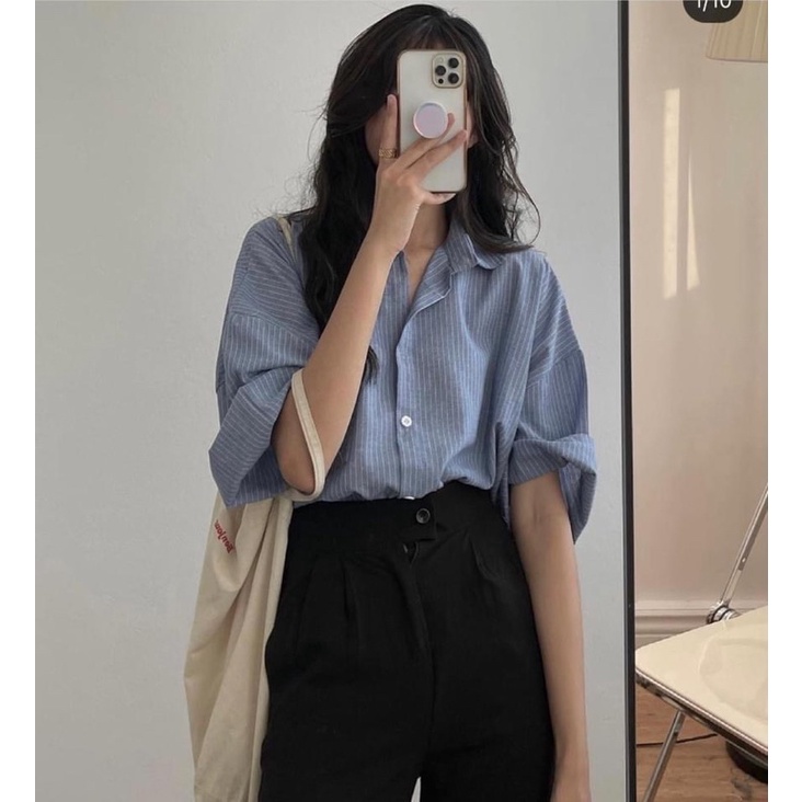 Áo sơ mi dáng over size thô kẻ tay lỡ 3 màu