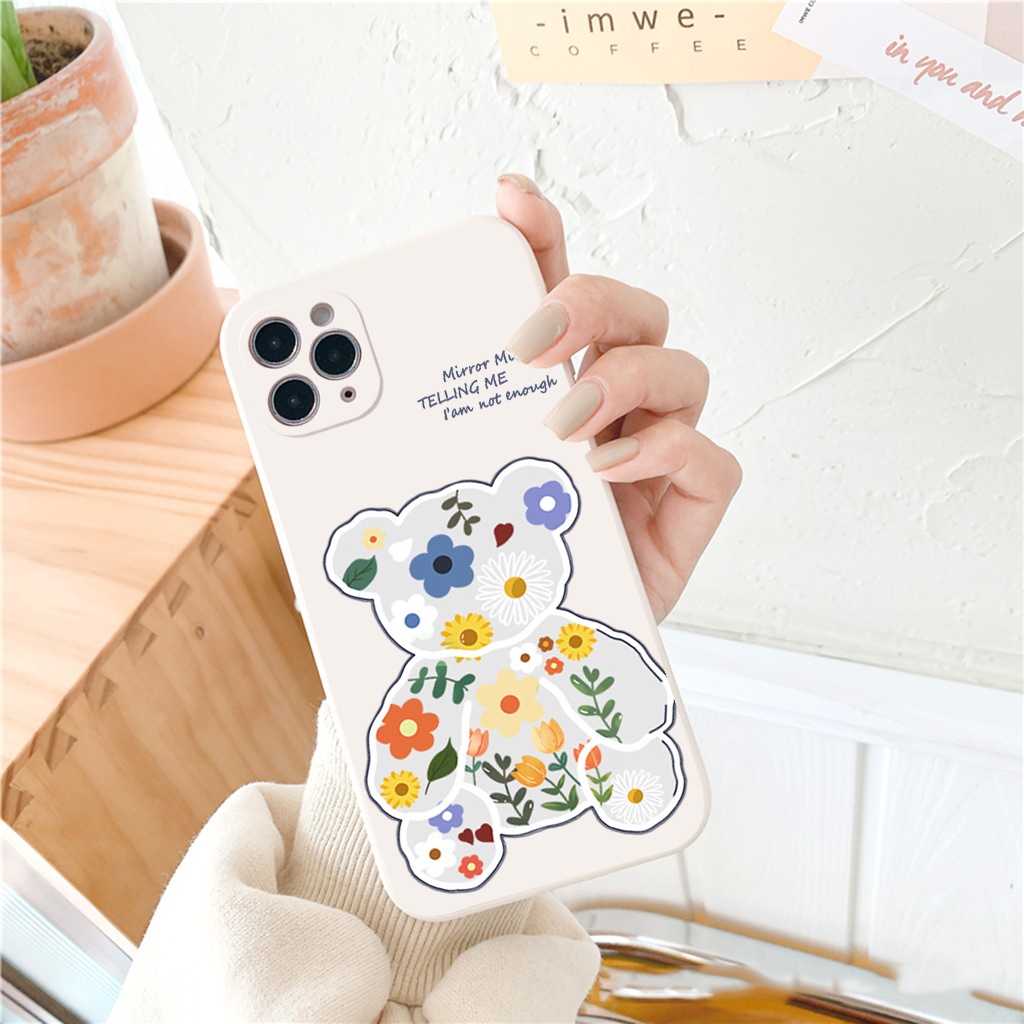 Ốp Điện Thoại iphone Acrylic Hình Gấu Và Hoa ốp Iphone 13 12 / 11 Pro Max / Mini Xs Max Xr X 8 7Plus/6plus vuông cạnh