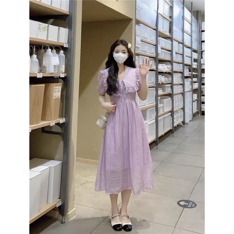 Váy đầm tơ bèo cổ có dây buộc dáng dài tiểu thư Hàn Quốc