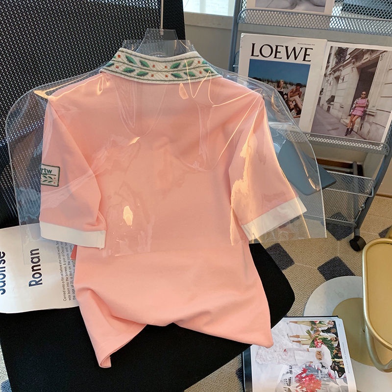 Áo polo Màu Hồng jacquard Thời Trang Mùa Hè Mới Ngọt Ngào Dành Cho Nữ