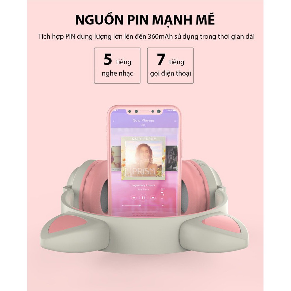 Tai Nghe Bluetooth Zw-028,hình tai mèo xinh xắn, cute , Phát sáng nhiều màu sắc