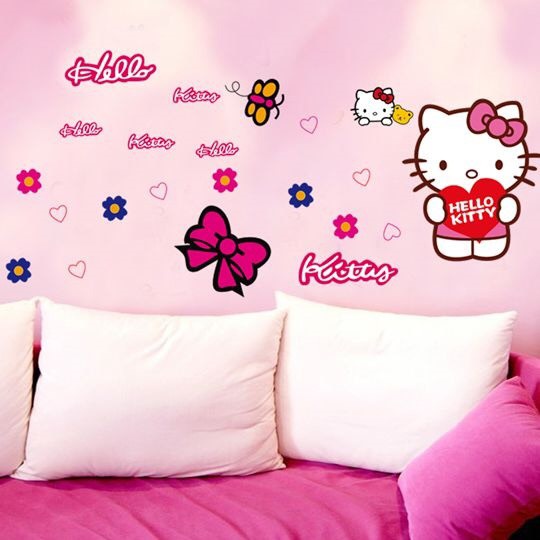 Bộ 2 tấm decal dán tường - Kitty phối trái tim hồng xinh ( 2 tấm )