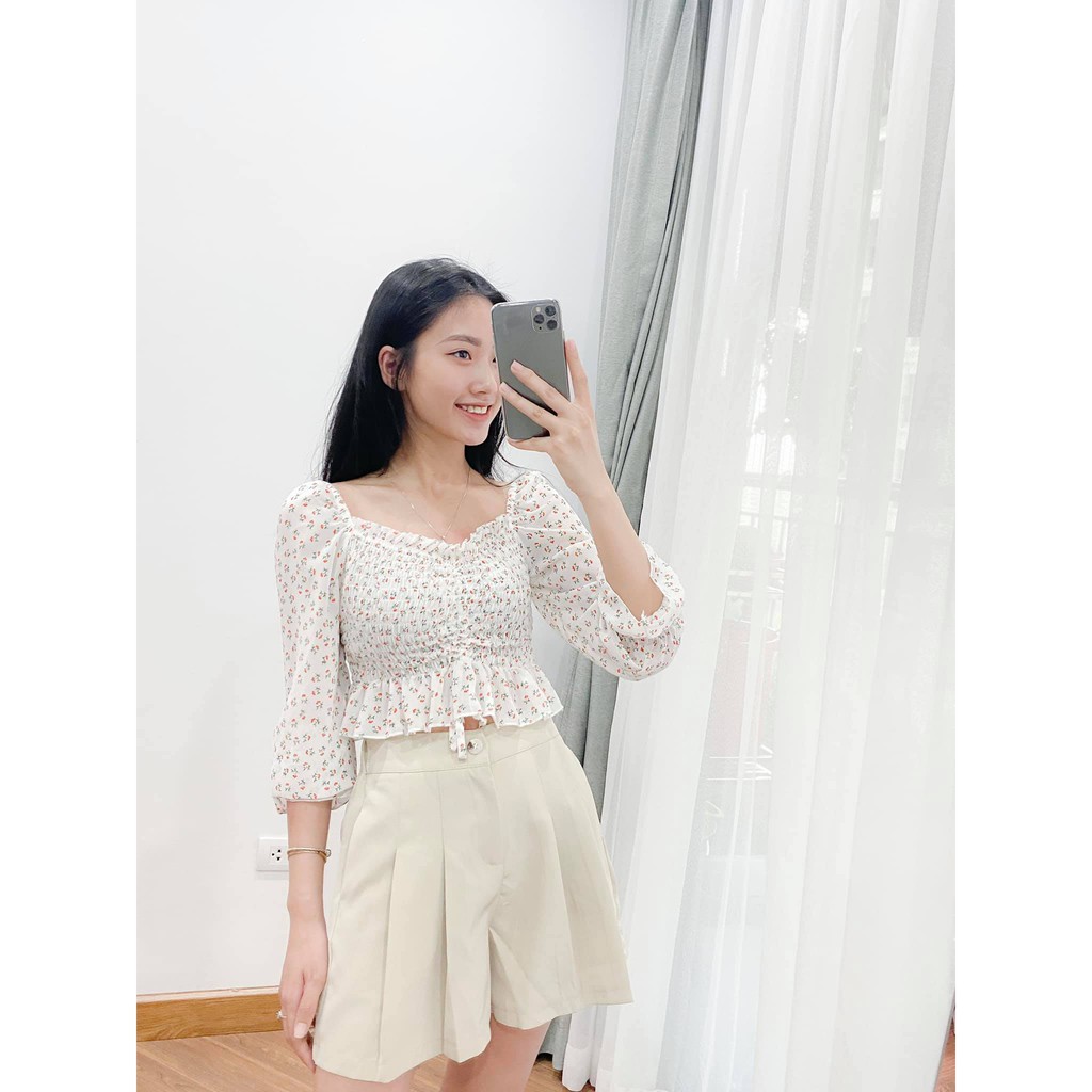 Áo voan croptop dây rút cổ vuông họa tiết hoa nhí siêu xinh