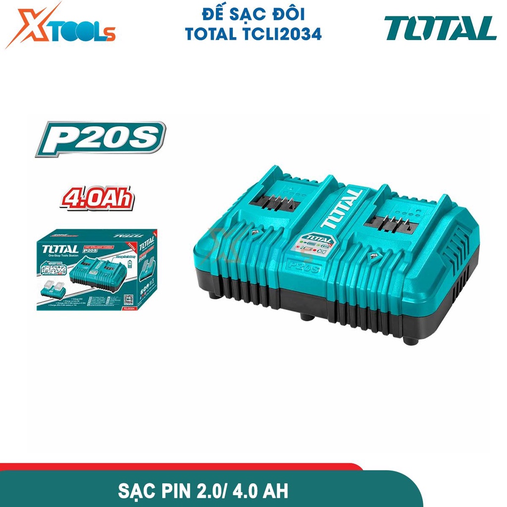 Bộ sạc pin đôi siêu nhanh TOTAL TCLI2034 điện áp đầu ra 21V, dòng điện sạc 4Ah, sạc pin 2Ah trong 30ph-CHÍNH HÃNG-XTOOLS