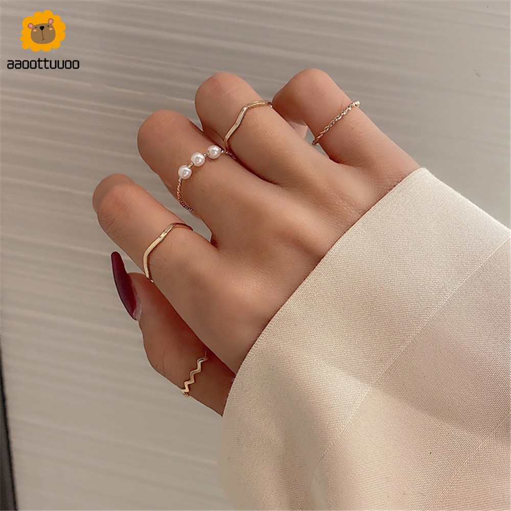 Set 5 Nhẫn Đeo Ngón Tay Đính Ngọc Trai Giả Thời Trang Cho Nữ
