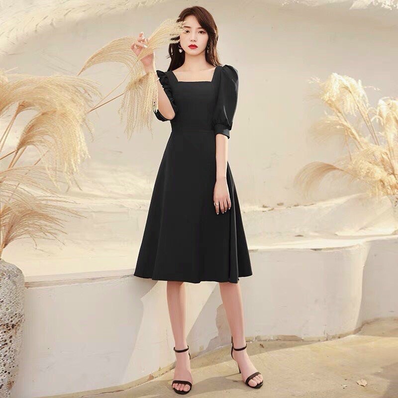 Đầm xoè lụa ý cổ vuông tay phồng trơn đơn giản TRIPBLE T DRESS - size M/L/XL
