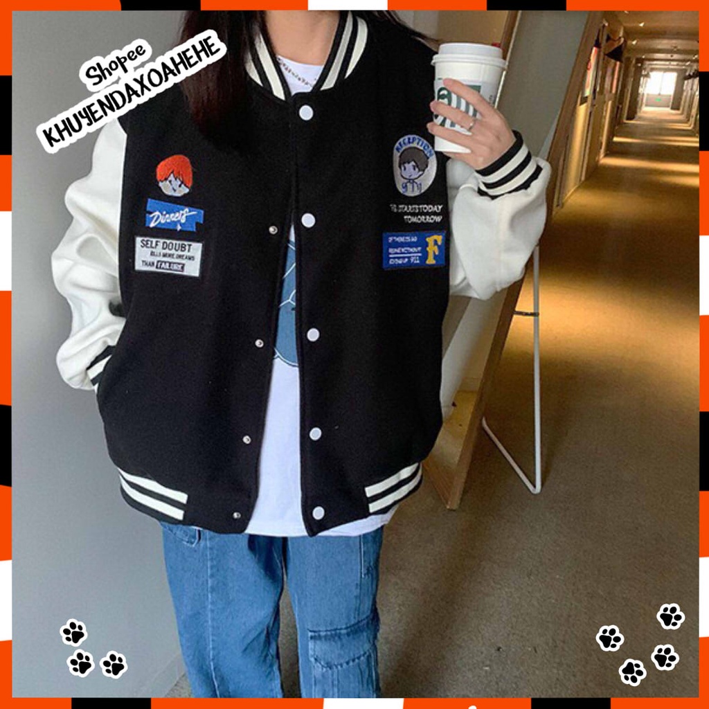 AK018 Áo bomber jacket logo bé trai nam nữ đen nâu be oversize dáng to Áo khoác nỉ bóng chày unisex form rộng thu đông | BigBuy360 - bigbuy360.vn