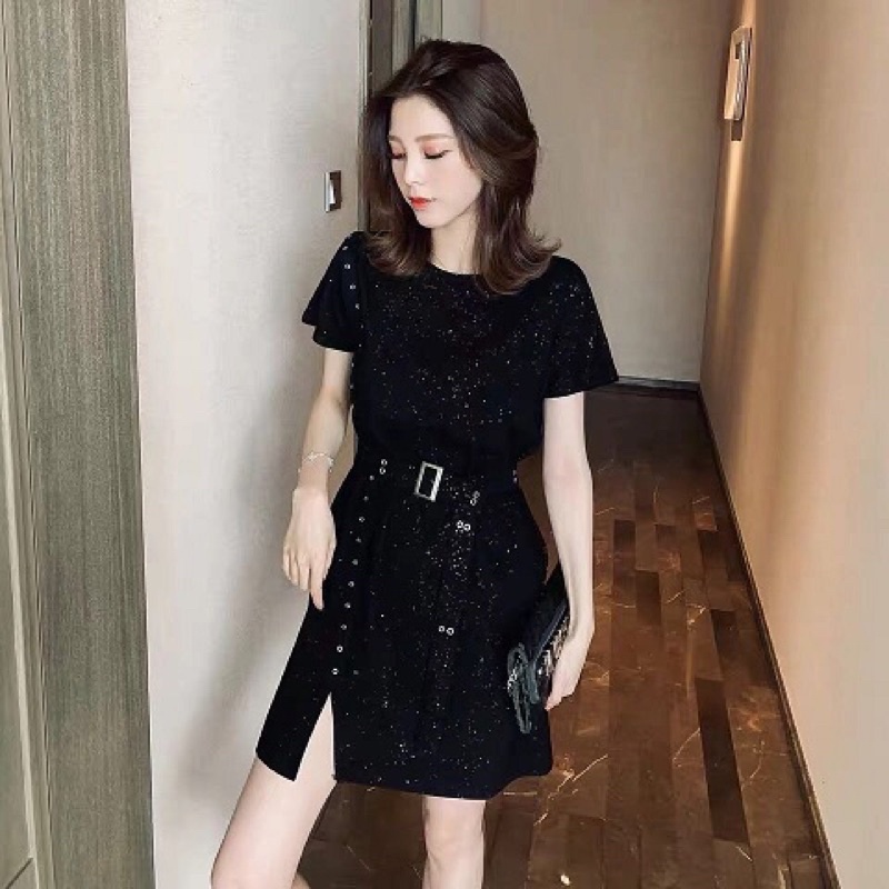 đầm thun đen nhũ big size đinh xẻ tà dự tiệc du lịch bao xinh size 80-90kg