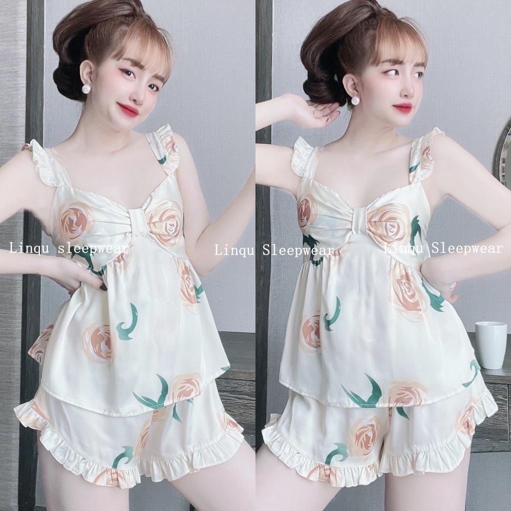Đồ ngủ sexy 2 dây cánh tiên nhún nơ chất lụa latin mềm mịn, mát mẻ freesize 40-58kg - Linqustore