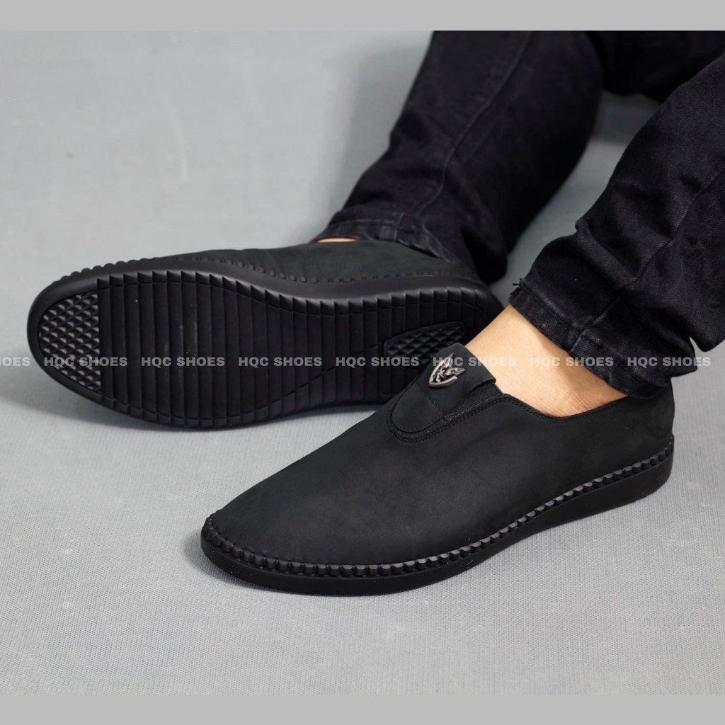 Giày lười nam HQC SHOES da bò thật đế cao su khâu chỉ bảo hành 12 tháng Gl023