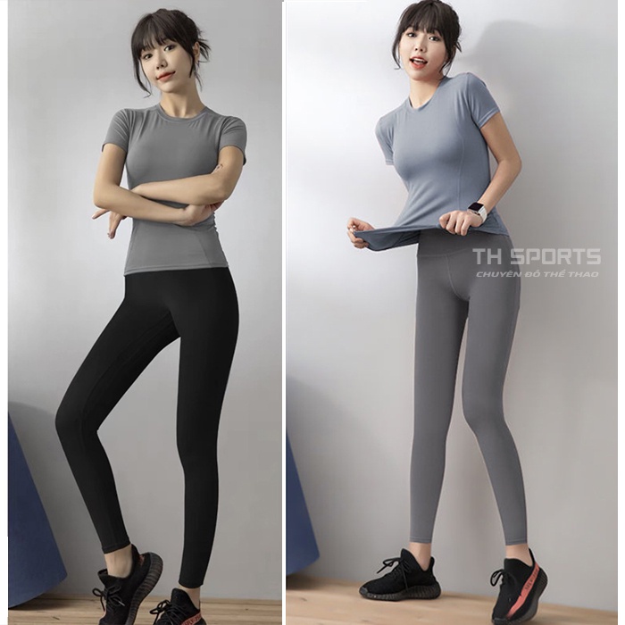 Bộ quần áo tập gym yoga nữ áo ngắn tay fit dáng quần legging dài nâng mông đồ tập gym yoga nữ TH SPORT