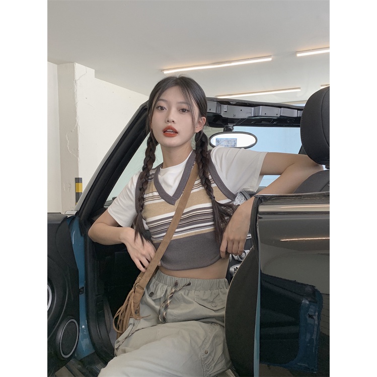 HUANG YOYO Áo Dệt Kim Hai Lớp Họa Tiết Kẻ Sọc Màu Tương Phản Thời Trang Hàn Quốc Dễ Phối Đồ