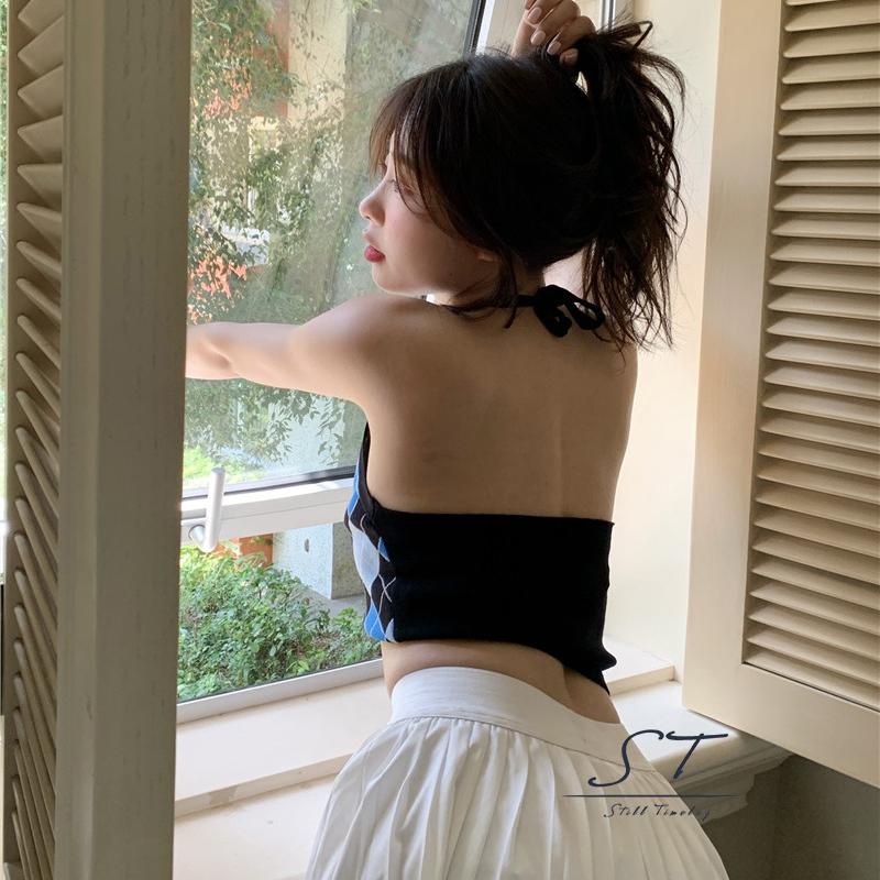 NFW-Áo hai dây dệt kim cổ chữ U không tay họa tiết hình thoi màu xanh dương/tím thời trang mùa hè cho nữ