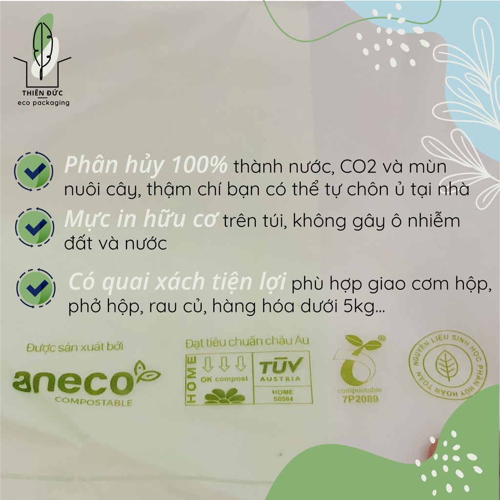 Túi 2 quai phân hủy sinh học Aneco từ tinh bột ngô, ko phải túi nilon nhựa, phân hủy 100% trong 6 tháng