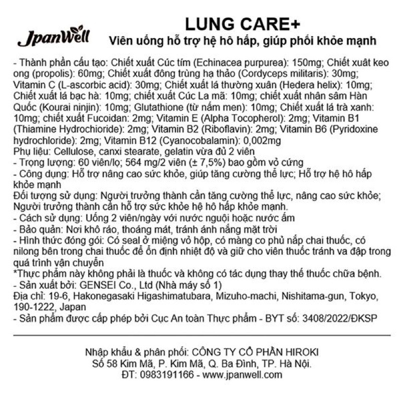 VIÊN UỐNG BỔ PHỔI LUNG CARE JPANWELL 60V